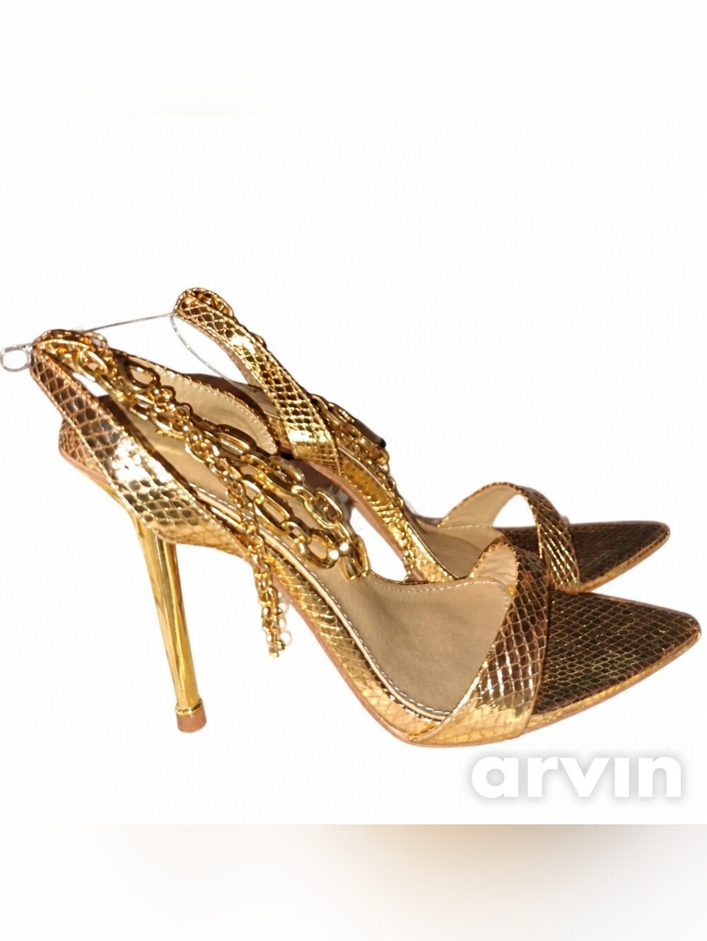 Gold Metallic Chain-Link High Heel Sandals for Women